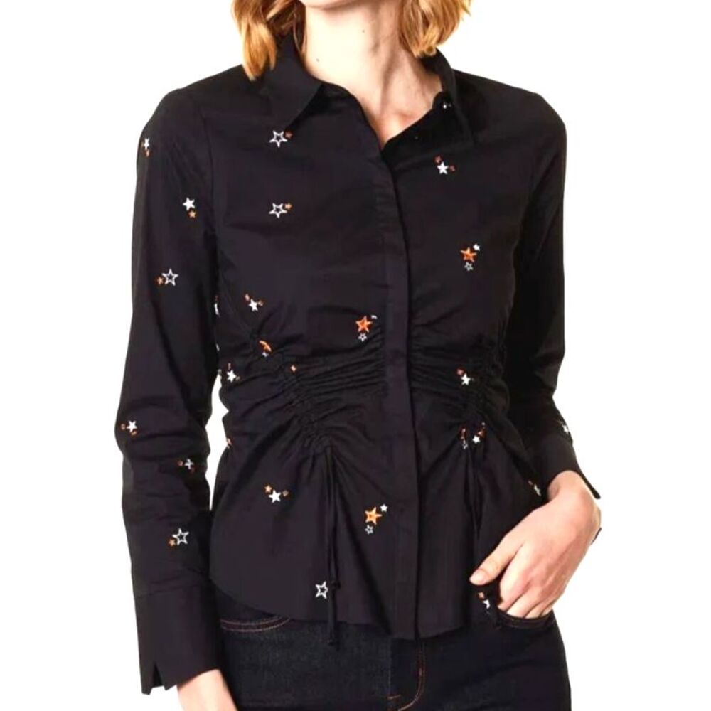KAREN MILLEN Star Embroidered Shirt Sz 6 Black Fitted Ruched